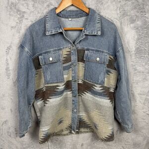 Denim‎ Aztec Button Up Jacket Large Shacket Jean Rugged Western Outdoor